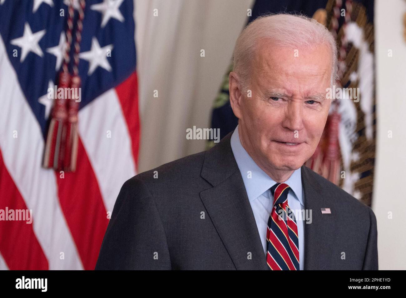 Washington, DC. 27th Mar, 2023. United States President Joe Biden speaks at the SBA Womens Business Summit in the East Room of the White House in Washington, DC, on March 27, 2023. Credit: Chris Kleponis/CNP/dpa/Alamy Live News Stock Photo