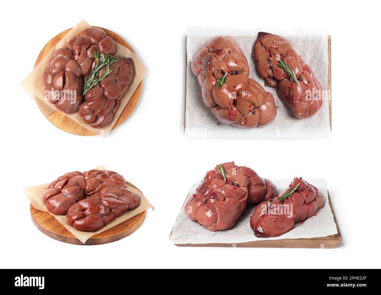 Set with fresh raw kidneys on white background Stock Photo