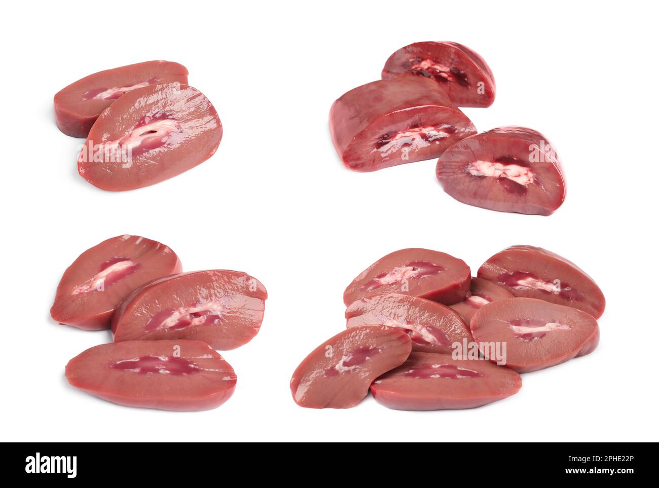 Set with fresh raw kidneys on white background Stock Photo