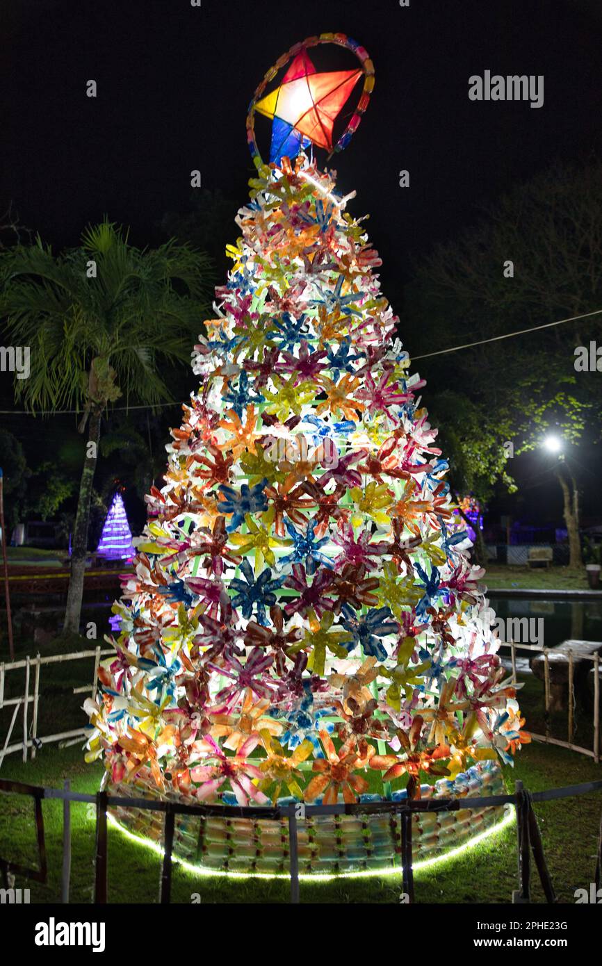 Colorfully lit fir tree with Christmas decorations in Siquijor in the