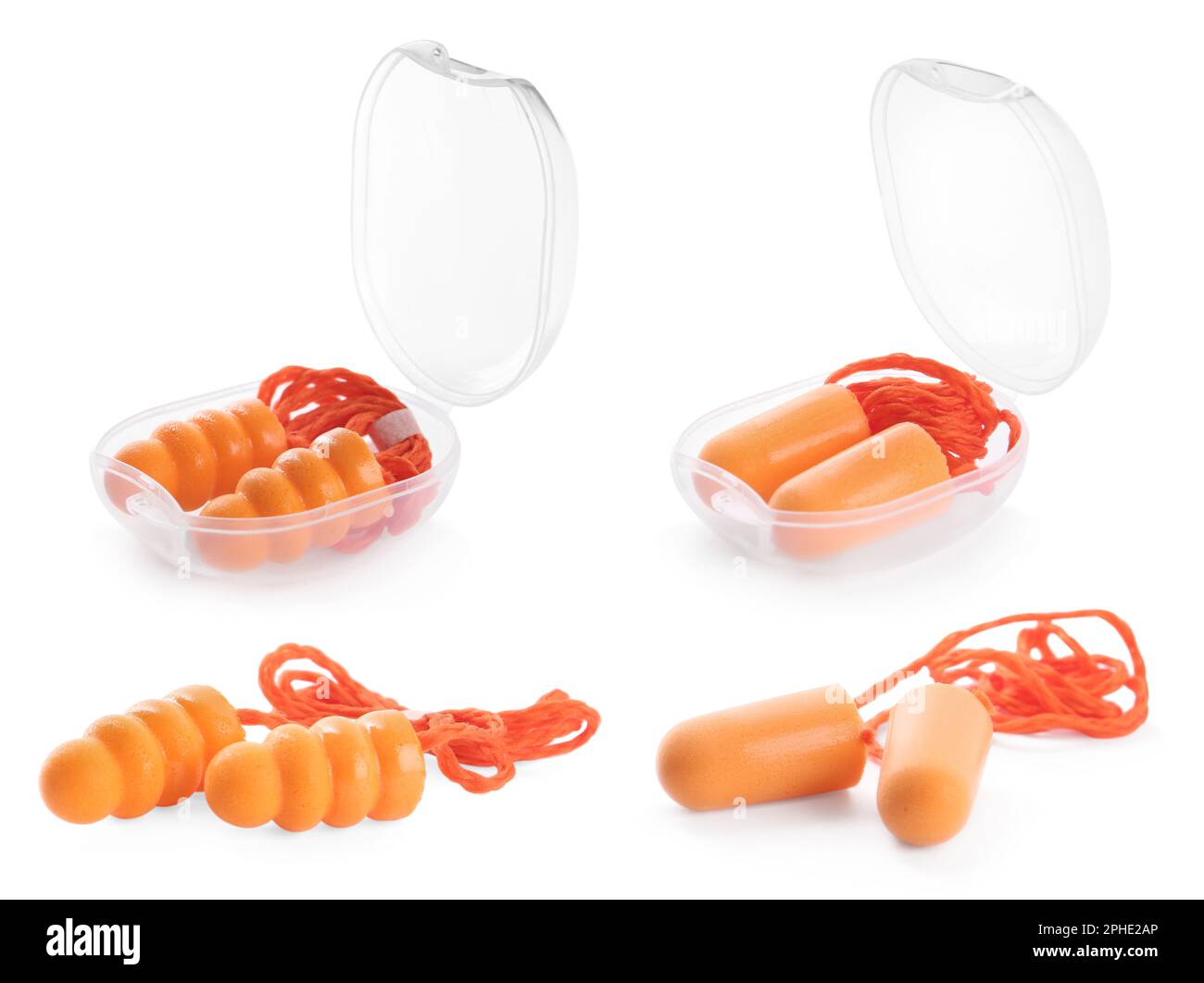 Set with orange ear plugs on white background Stock Photo Alamy