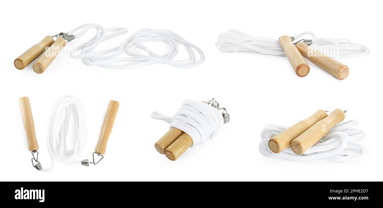 Set with skipping ropes on white background. Banner design Stock Photo ...