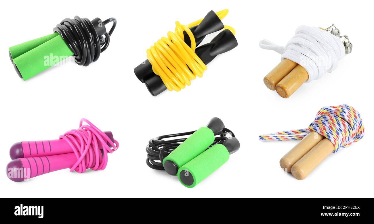 Set with different skipping ropes on white background. Banner design ...