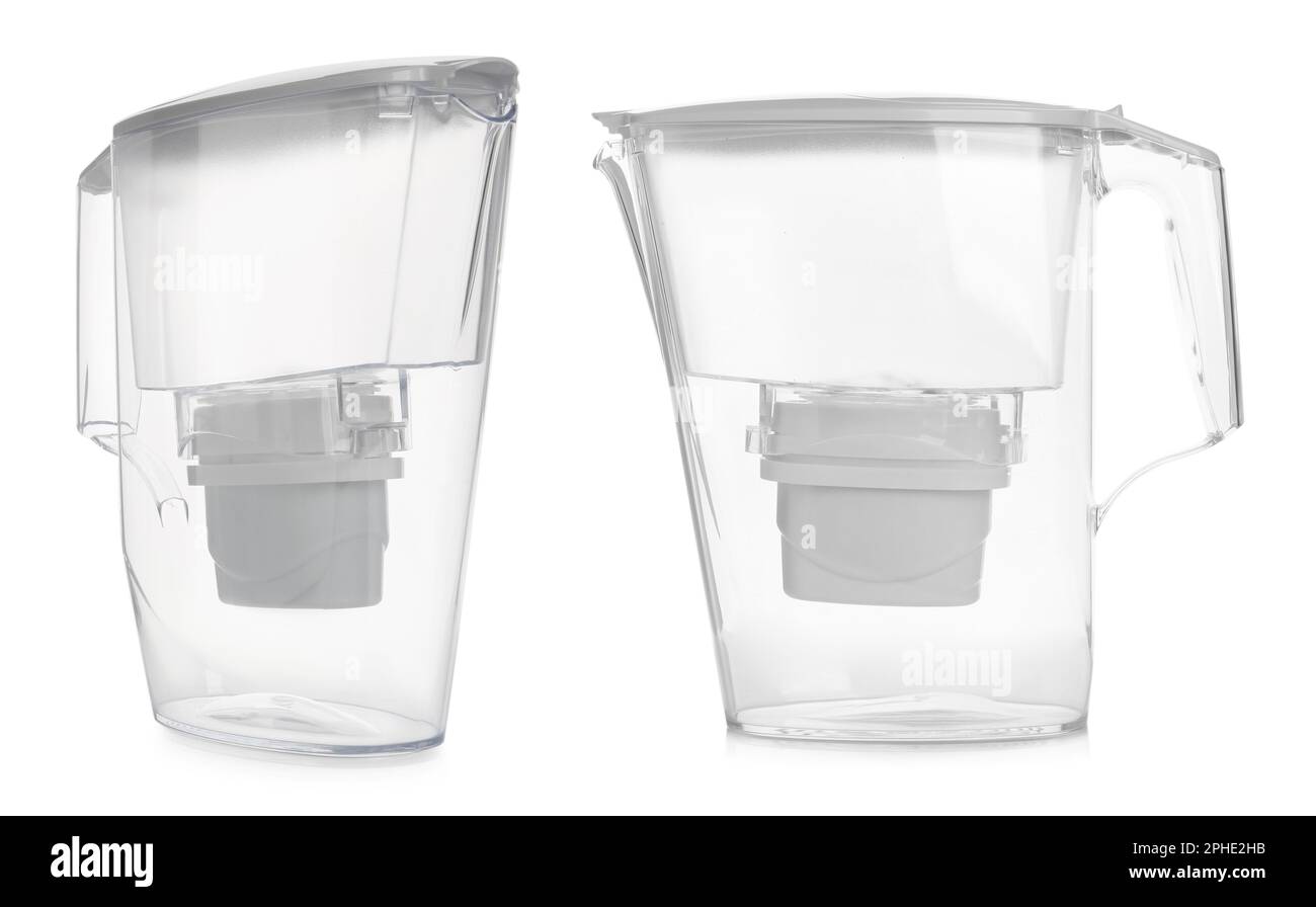Empty water filter jugs on white background, collage Stock Photo Alamy
