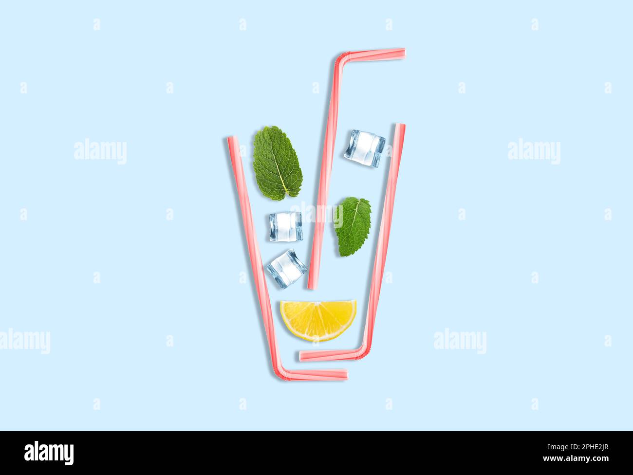 Creative lemonade layout with lemon slice, mint, ice cubes and straws ...