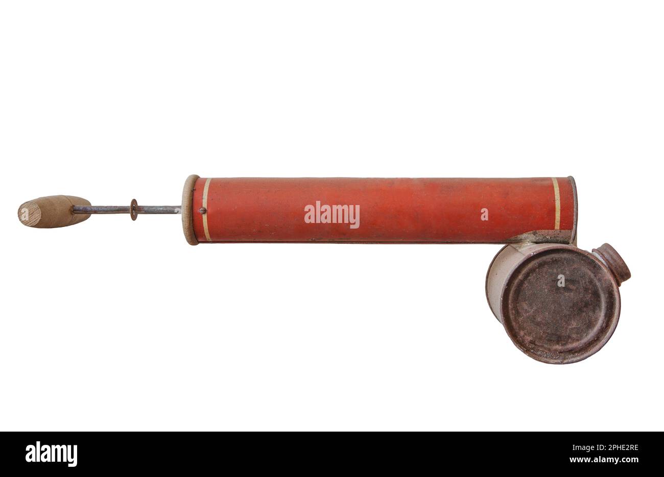 Old rusty manual spray pump for insecticides. Isolated over white background Stock Photo