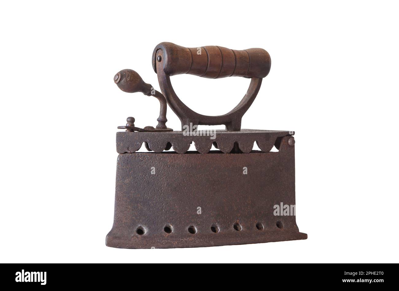 Old rusty charcoal iron. Isolated over white background Stock Photo