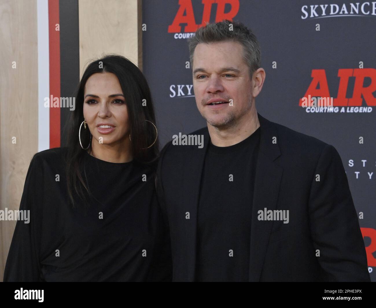Los Angeles, United States. 27th Mar, 2023. Cast member Matt Damon and his wife Luciana Barroso attend the premiere of the motion picture drama 'Air' at the regency Village Theatre in the Westwood section of Los Angeles on Monday, March 27, 2023. Storyline: Follows the history of shoe salesman Sonny Vaccaro, and how he led Nike in its pursuit of the greatest athlete in the history of basketball: Michael Jordan. Photo by Jim Ruymen/UPI Credit: UPI/Alamy Live News Stock Photo