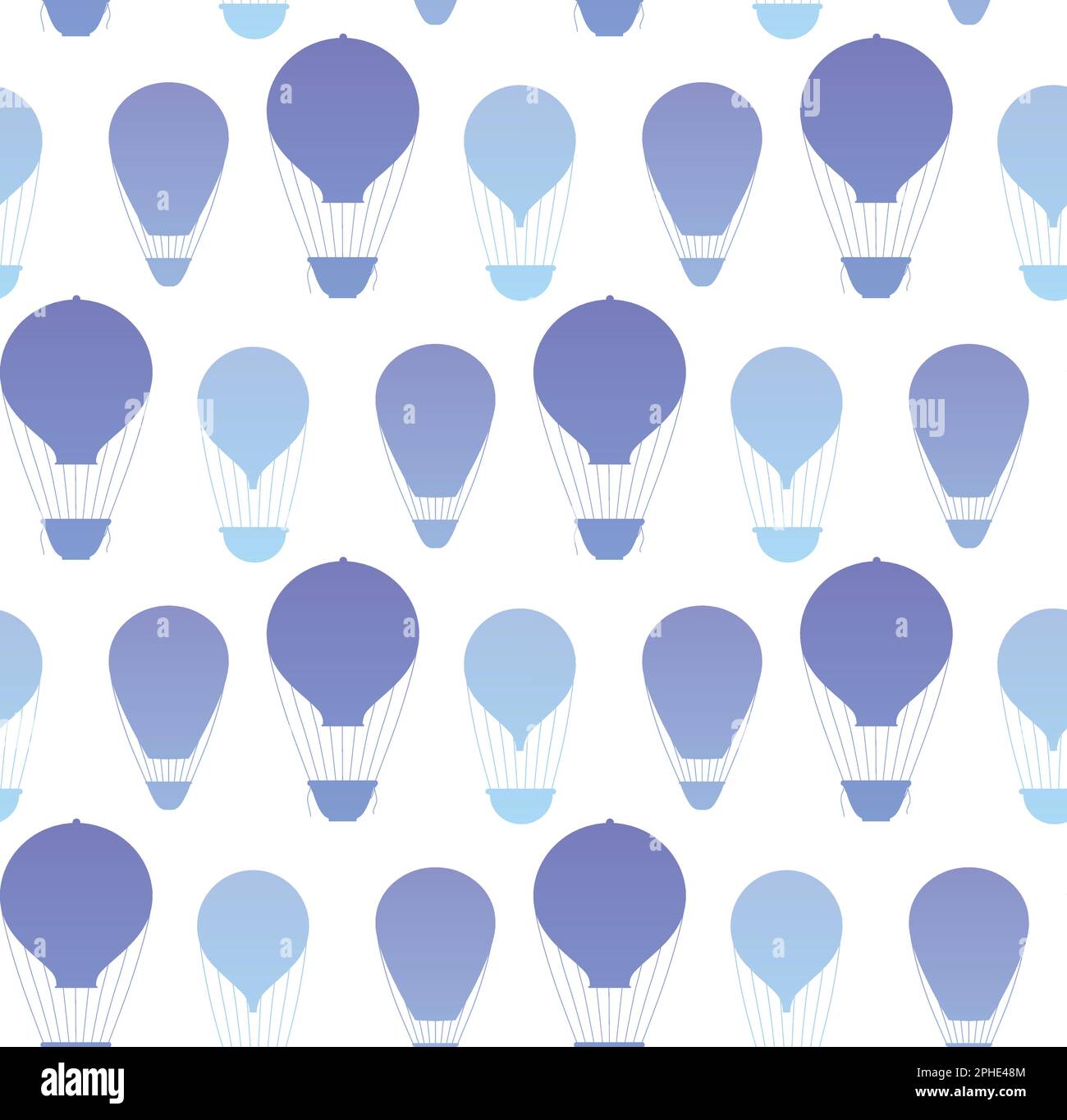 Vector seamless pattern with blue silhouettes of hot air balloons on a white background. Texture with vintage aerial flight aids. Background for fabri Stock Vector