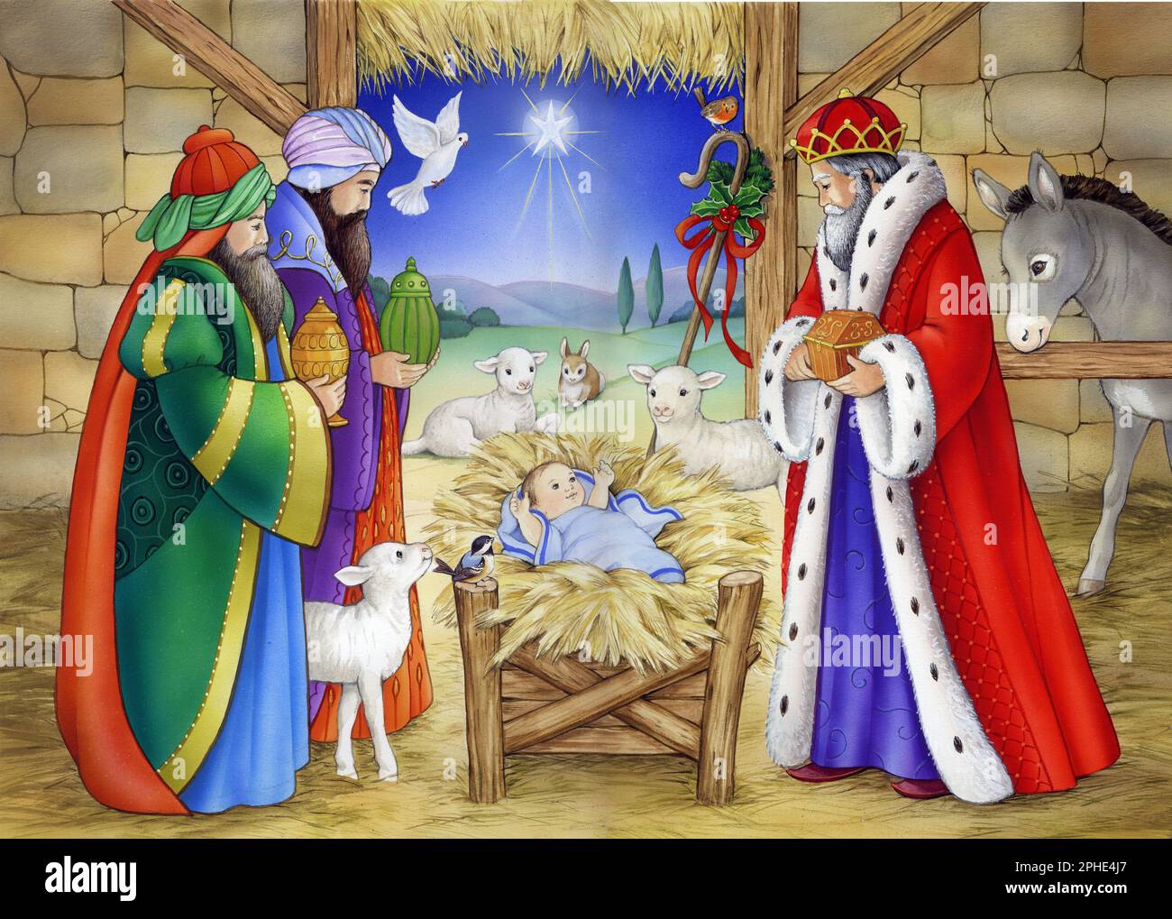Christmas Nativity scene in stable baby jesus 3 wise men Stock Photo Christmas Nativity scene in stable baby jesus 3 wise men Stock Photo