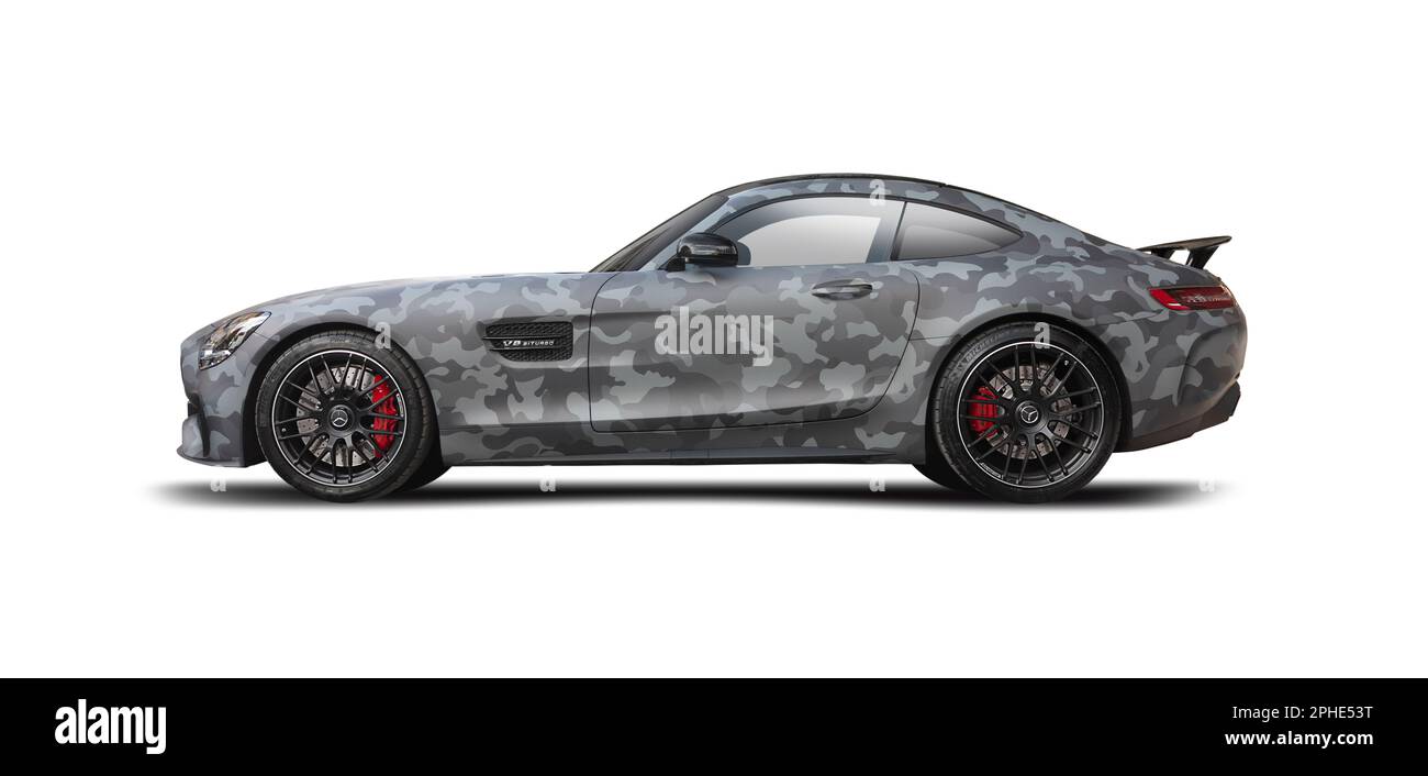 Mercedes-Benz AMG GT car, side view isolated on white background Stock
