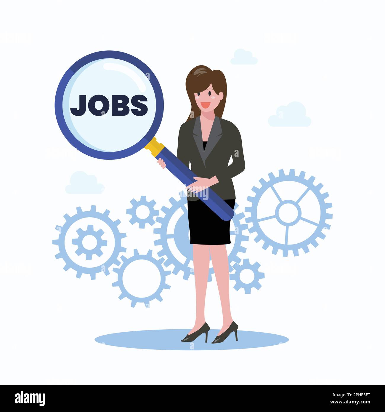 Business woman is holding magnifying glass to finding new job. Vector illustration Stock Vector