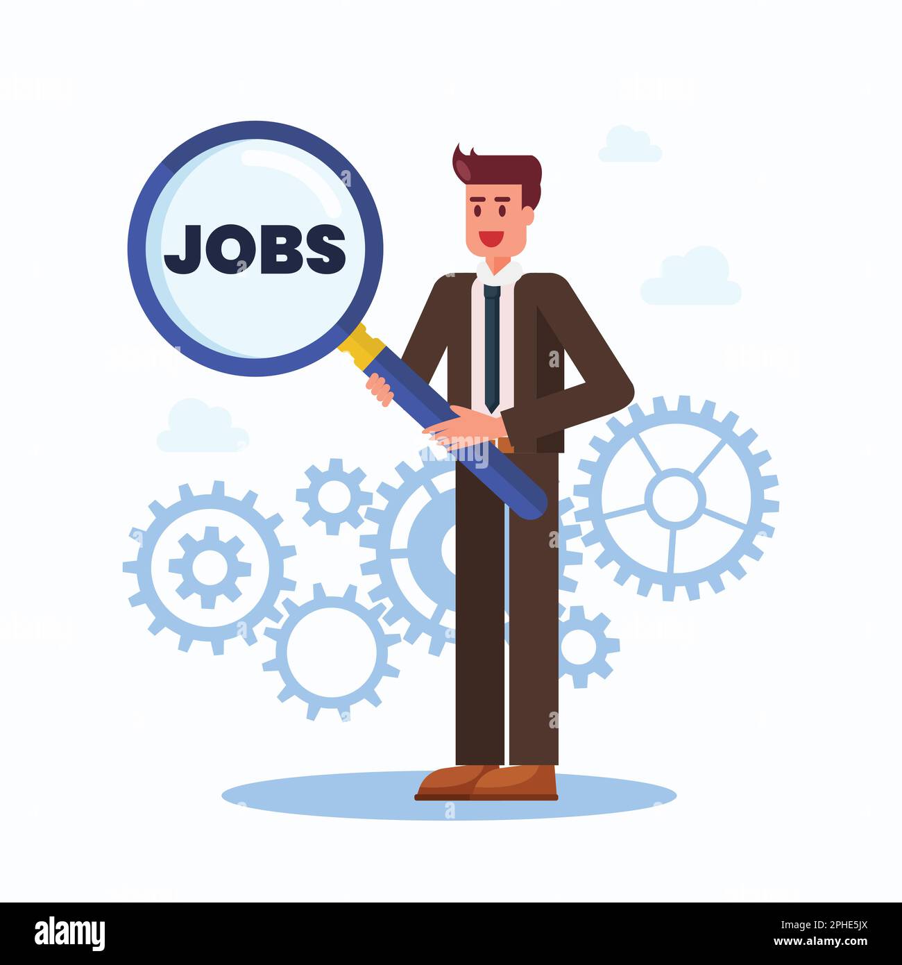 Businessman is holding magnifying glass to finding new job. Vector illustration Stock Vector