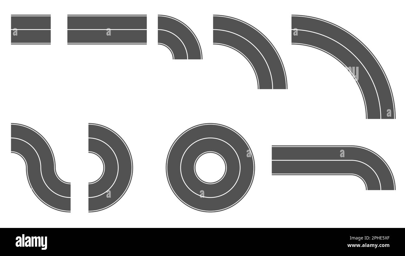 Set of gray sections of road with solid line in the middle isolated on