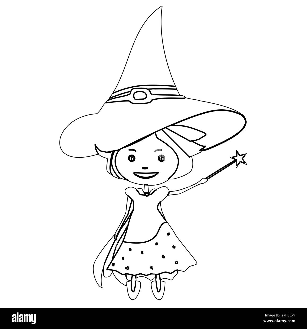 Black outline sorceress in dress and witches hat and magic wand in hand ...