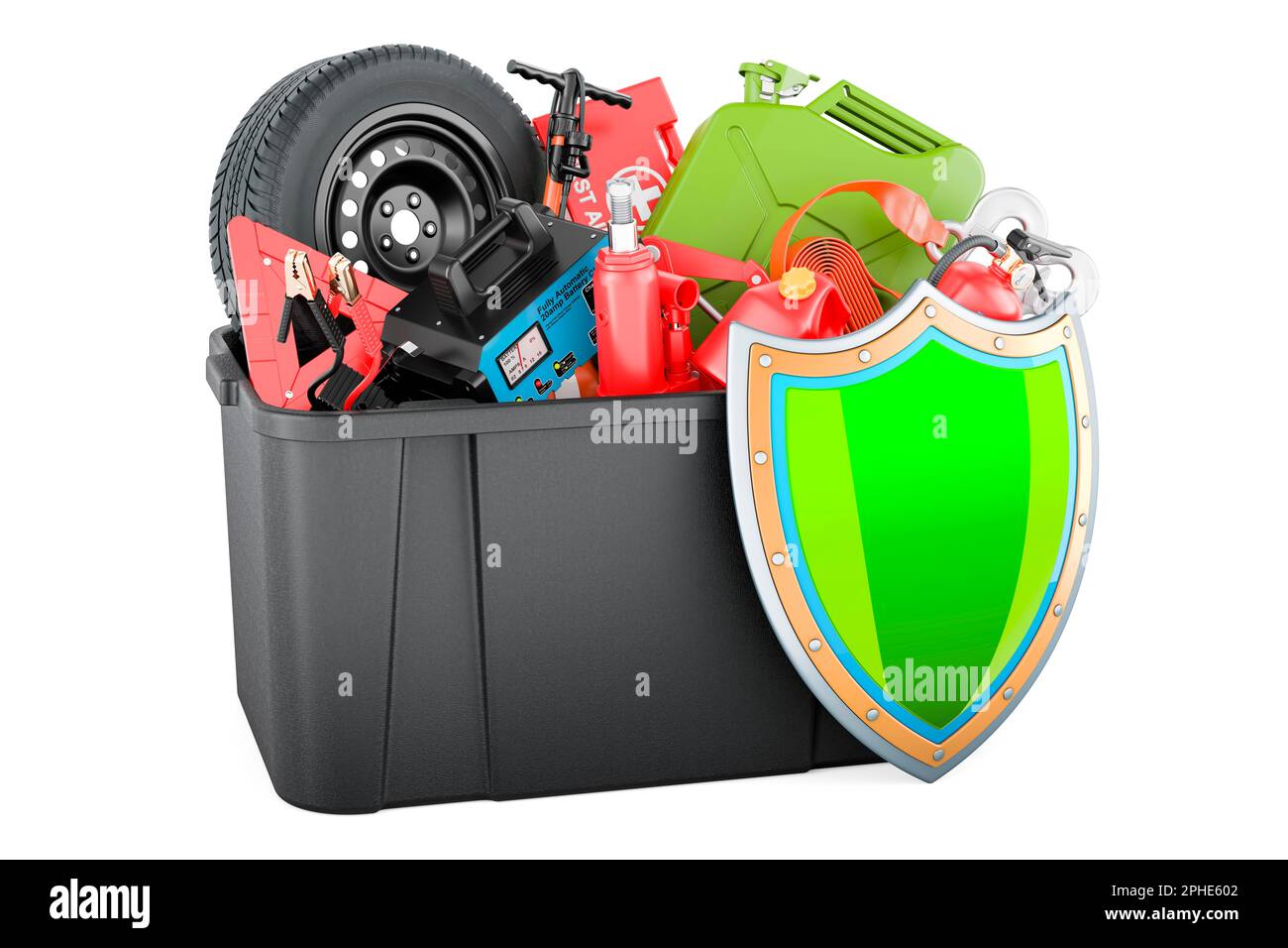 Plastic box full of car tools, equipment and accessories with shield. 3D rendering isolated on white background Stock Photo