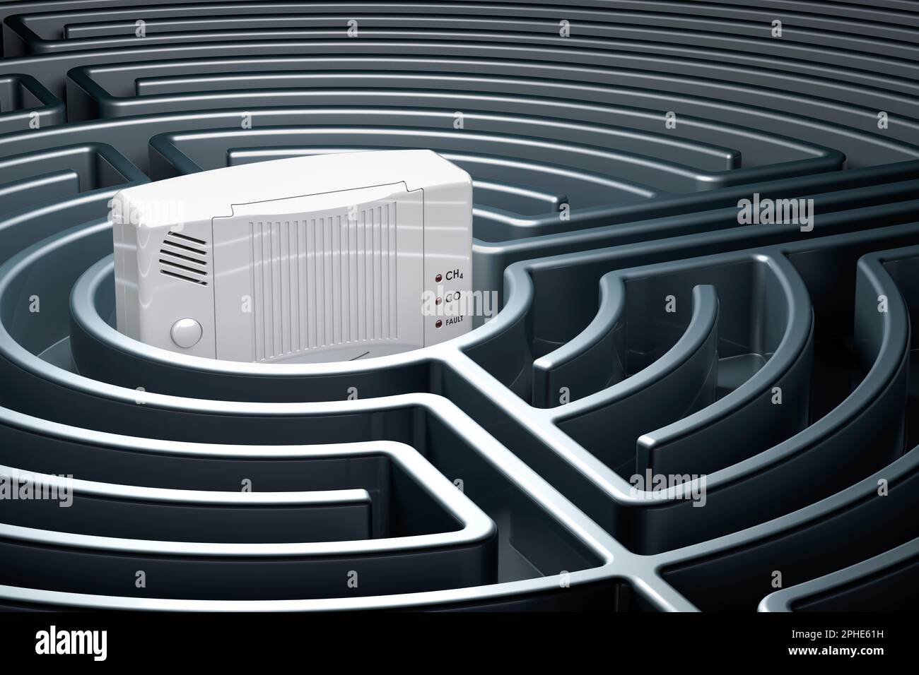 Carbon monoxide detector inside labyrinth, maze. 3D rendering Stock Photo