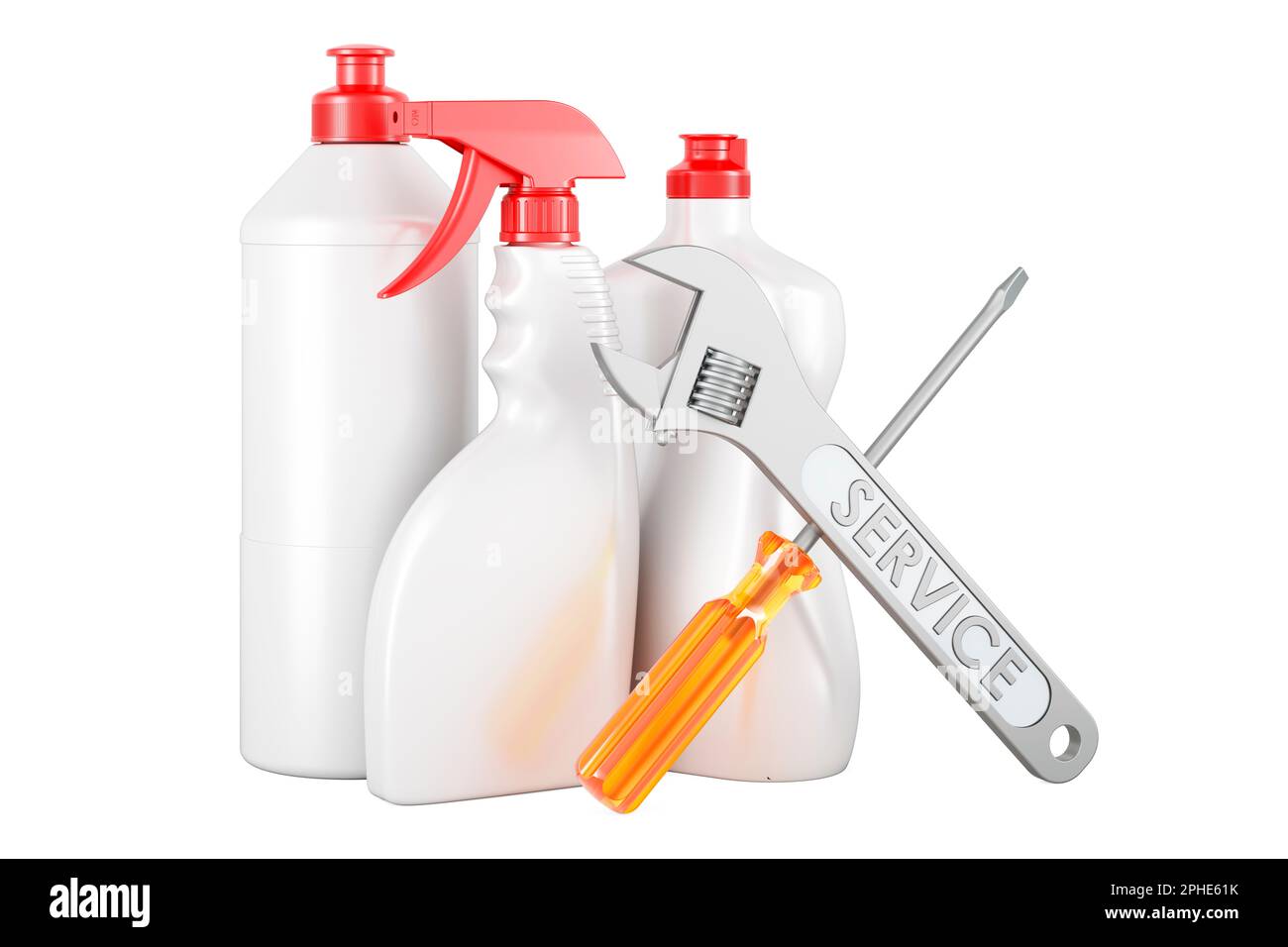 Detergent, cleaning products with screwdriver and wrench, 3D rendering isolated on white background Stock Photo
