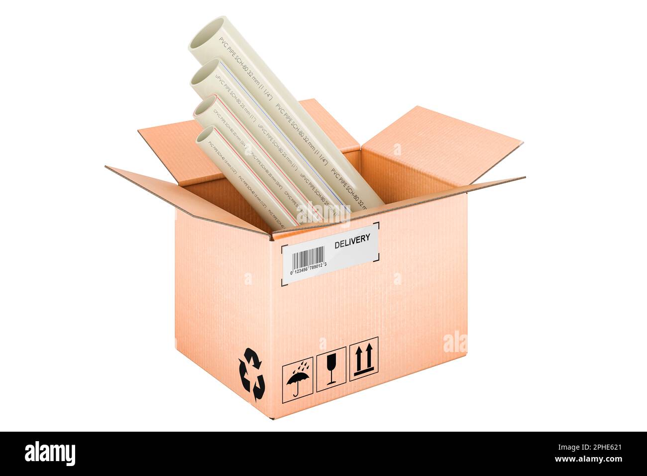 PVC pipes, composite pipe, uPVC pipe, cPVC pipe inside cardboard box, delivery concept. 3D rendering isolated on white background Stock Photo