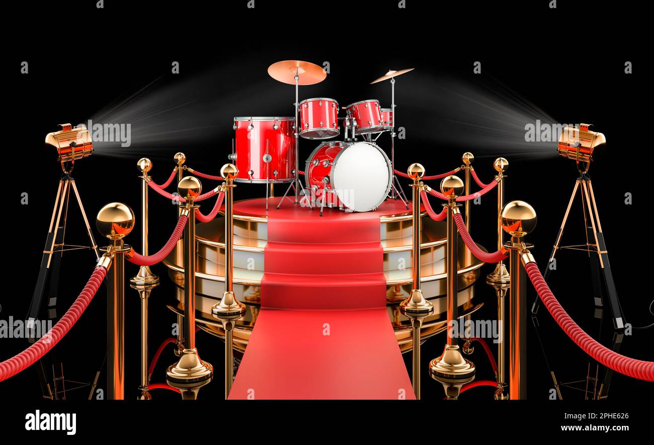 Podium with drum kit, 3D rendering on black background Stock Photo