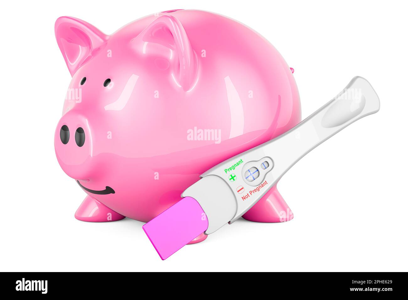 Pregnancy test positive with piggy bank, 3D rendering isolated on white background Stock Photo