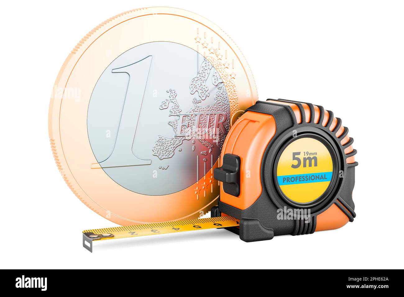 Tape measure with euro coin, 3D rendering isolated on white background Stock Photo