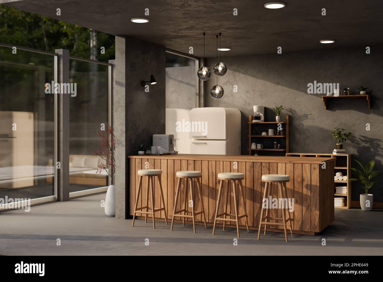 Beautiful modern loft kitchen interior design with wooden counter bar ...