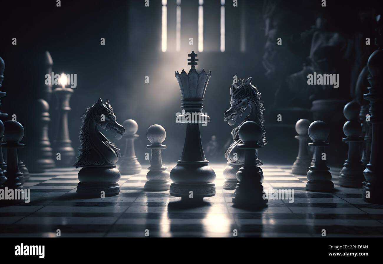 Set of chess pieces element stating on chessboard, queen rook. Cinematic lighting. Leadership, teamwork, partnership, business strategy, and decision Stock Photo
