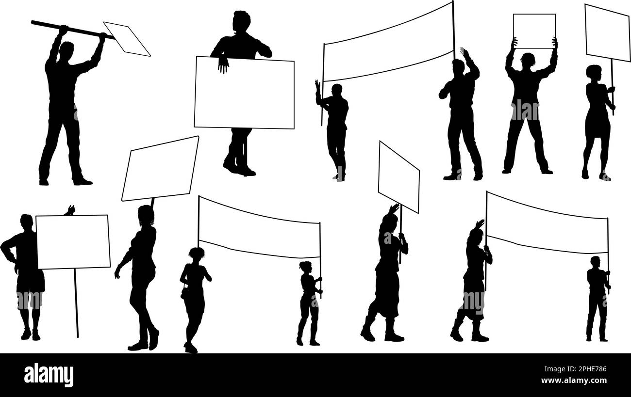 Silhouette Protestors March Strike Rally Picket Stock Vector Image