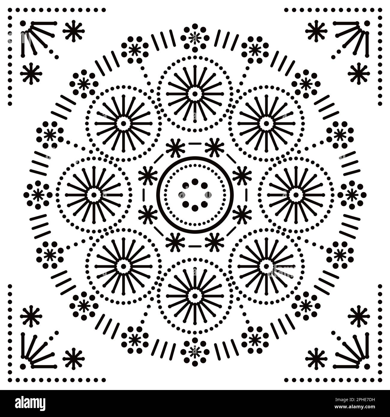 Geometric vector manadala in frame greeting card design with dots, flowers in black and white design - yoga, Zen, mindfulness concept Stock Vector