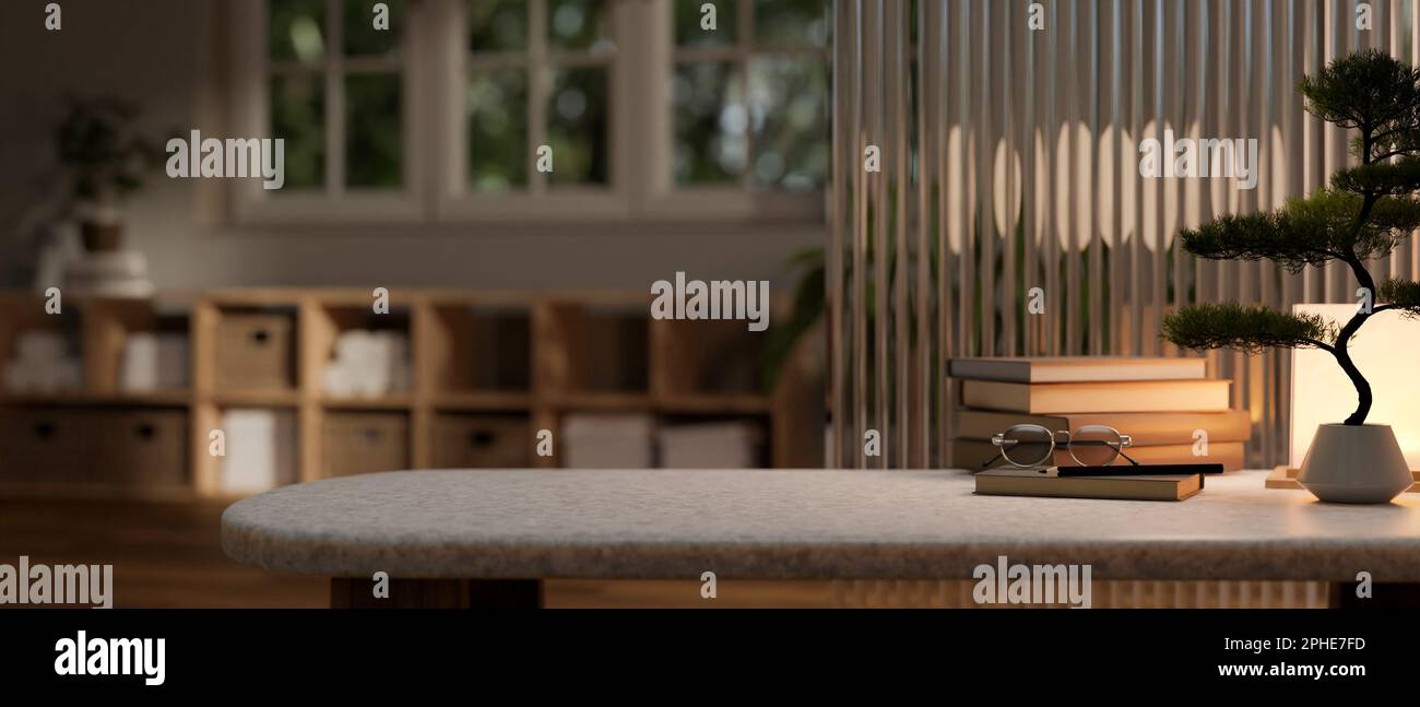 Copy space for product display on modern tabletop with houseplant 
