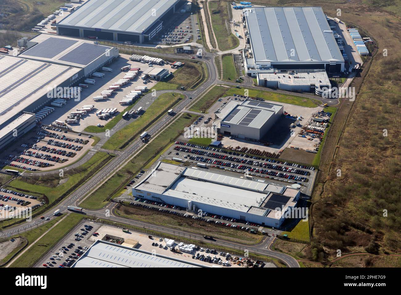 aerial view of the MBDA UK Bolton Aerospace company offices near Bolton (next building up is Komatsu Mining, then Amazon) Stock Photo