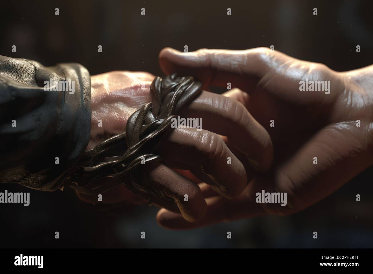 Two hands join together, reaching each other. Liberation from slavery. Escape. Release from prison. Stock Photo