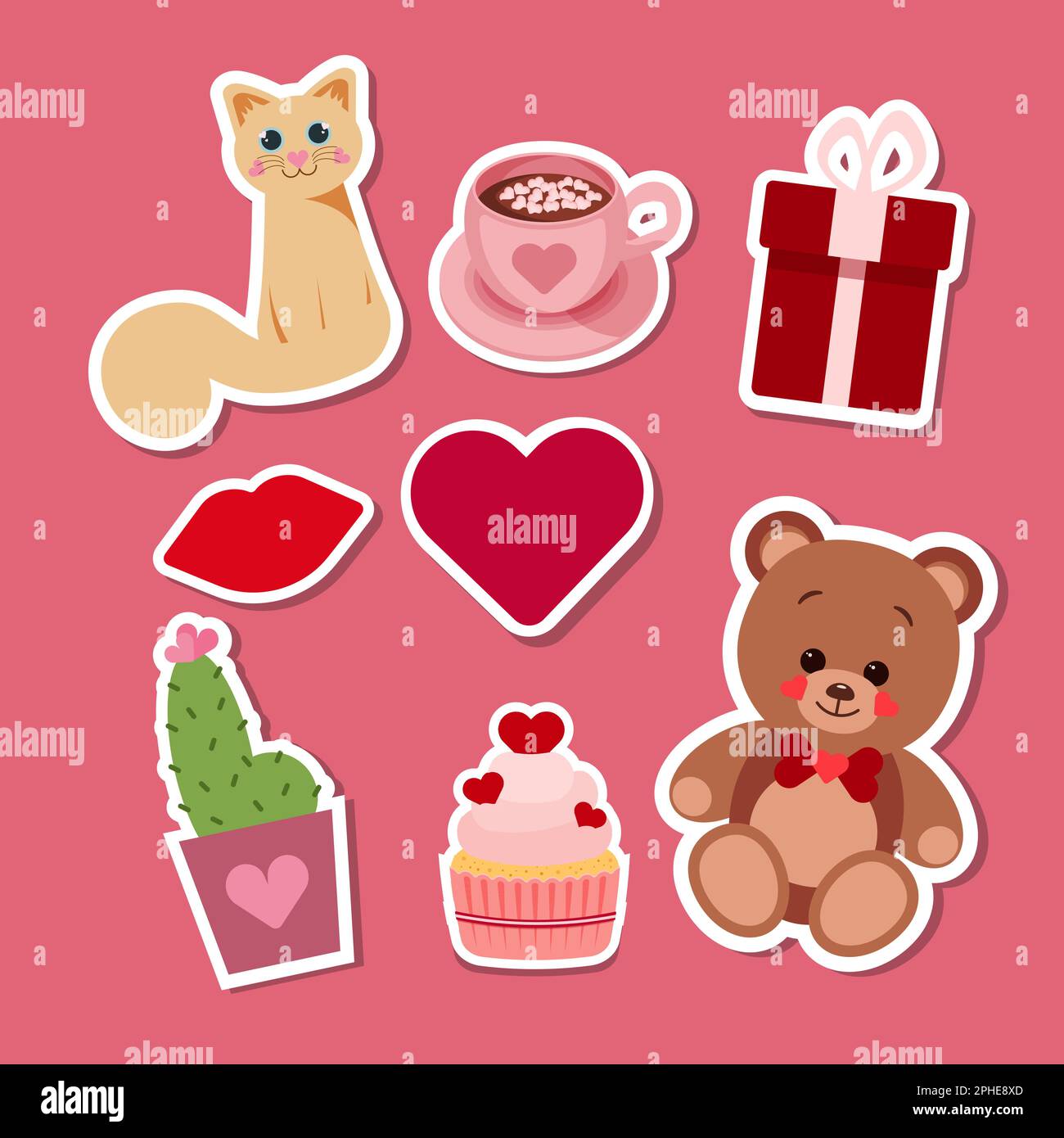 Stickers of heart, lips, gift box, teddy bear, cat, cactus, cup of