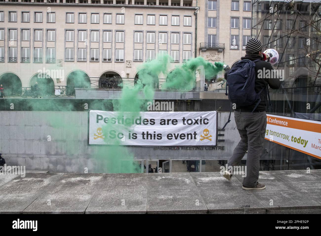 Brussels, Belgium. 28th Mar, 2023. Demonstrators pictured during a protest action of the collective 'No future for the agro-industry' in the framework of the Forum for the Future of Agriculture (FFA), in Brussels, on Tuesday 28 March 2023. BELGA PHOTO NICOLAS MAETERLINCK Credit: Belga News Agency/Alamy Live News Stock Photo