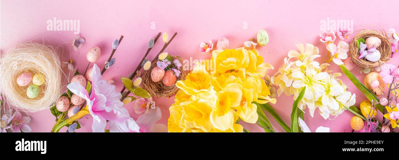 Spring Easter holiday top view flat lay background with eggs in nests ...