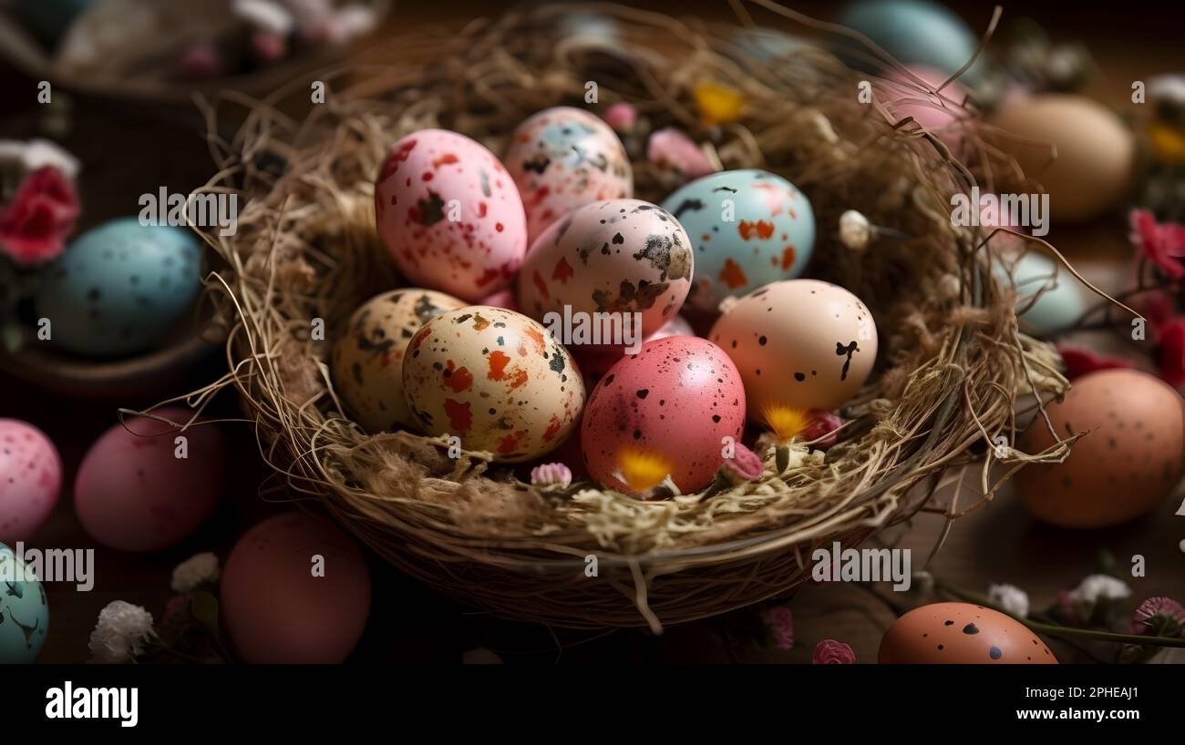 Painted easter eggs in the bird’s nest and blossoms. Concept and idea