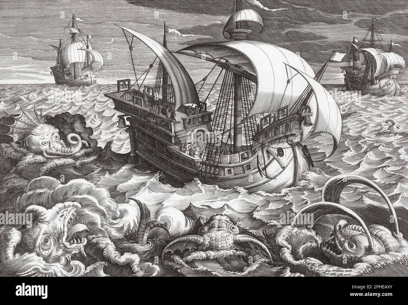 Sea monsters surround a ship in the open seas.  From a 16th century engraving by Adriaen Collaert. Stock Photo