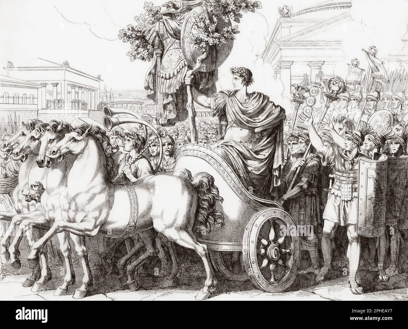 Roman general Marcus Claudius Marcellus, c. 268 – 208 BC, enjoys his triumph parade in Rome after killing the Gallic military leader and king Viridomarus in hand-to-hand combat during the Battle of Clastidium, 222 BC.  On his way to the temple of Jupiter Feretrius he carries the spolia opima, the armour, arms, and other effects that an ancient Roman general stripped from the body of an opposing commander slain in single combat.  After a 19th century work by Bartolomeo Pinelli. Stock Photo