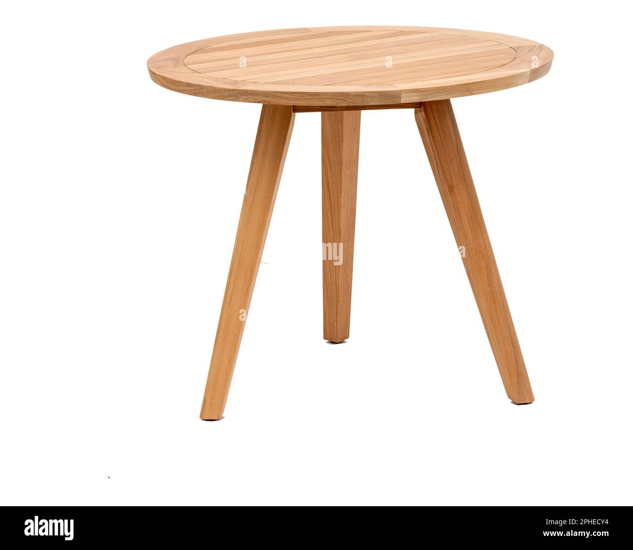 A round table with three legs made of wood isolated on a white background. Stock Photo