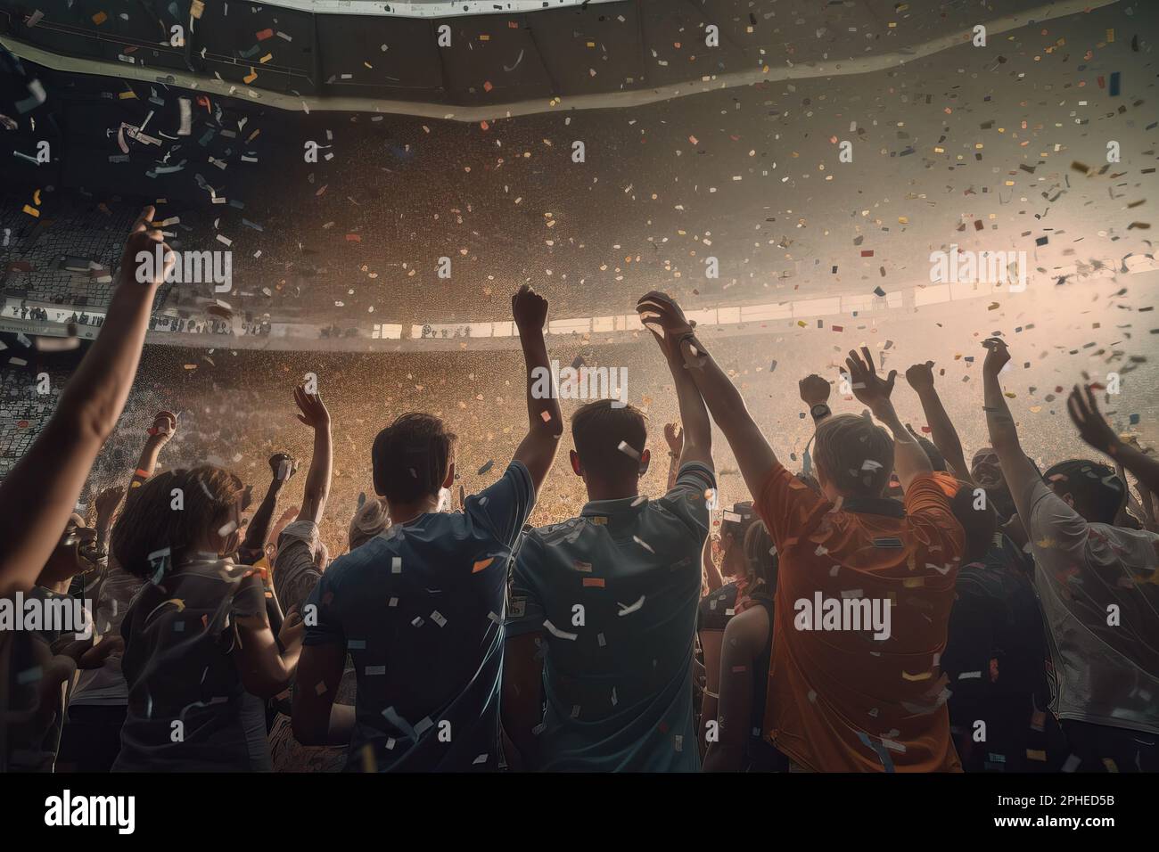 Back view of unrecognizable fans raising arms while celebrating victory