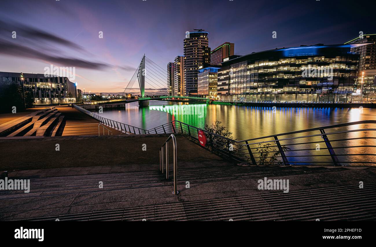 Salford Quays, Manchester at Night. Stock Photo
