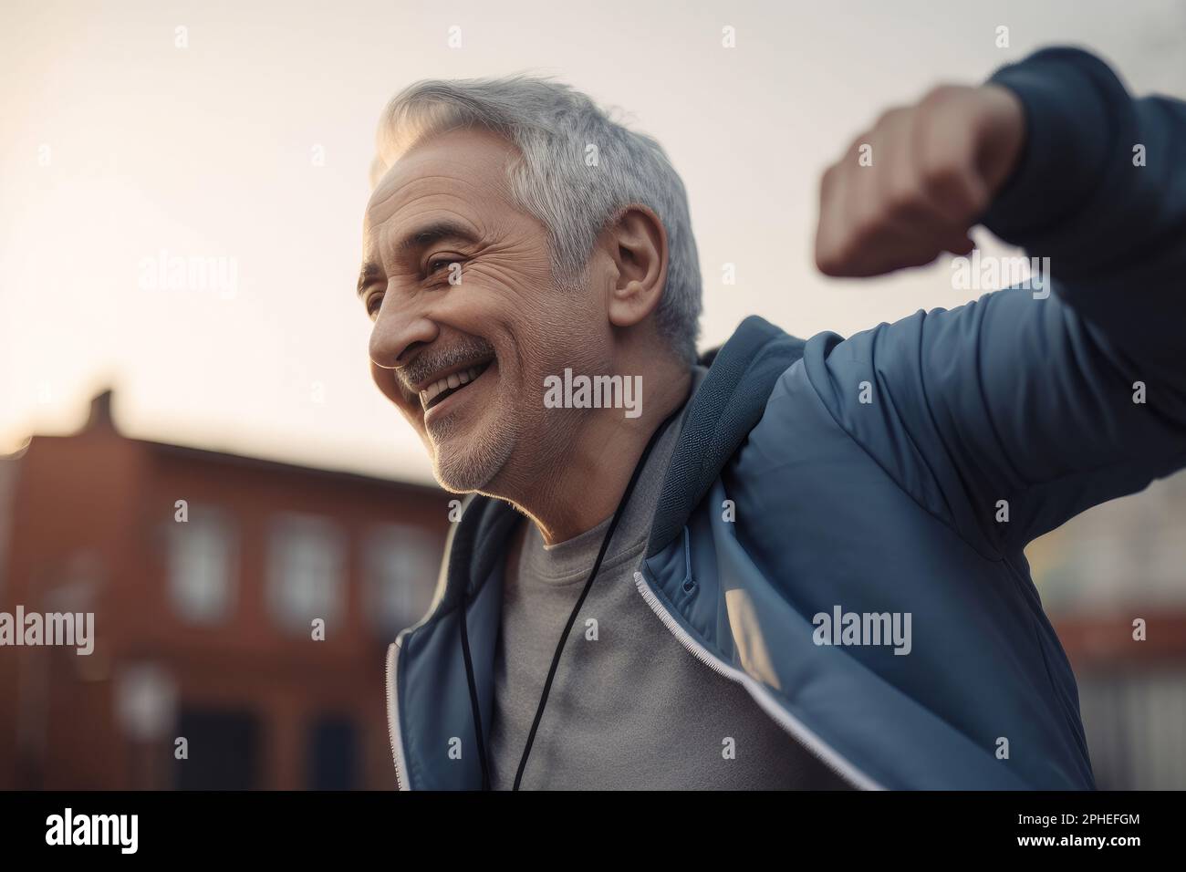 A happy older man doing stretching exercise outdoors. Generative ai Stock Photo