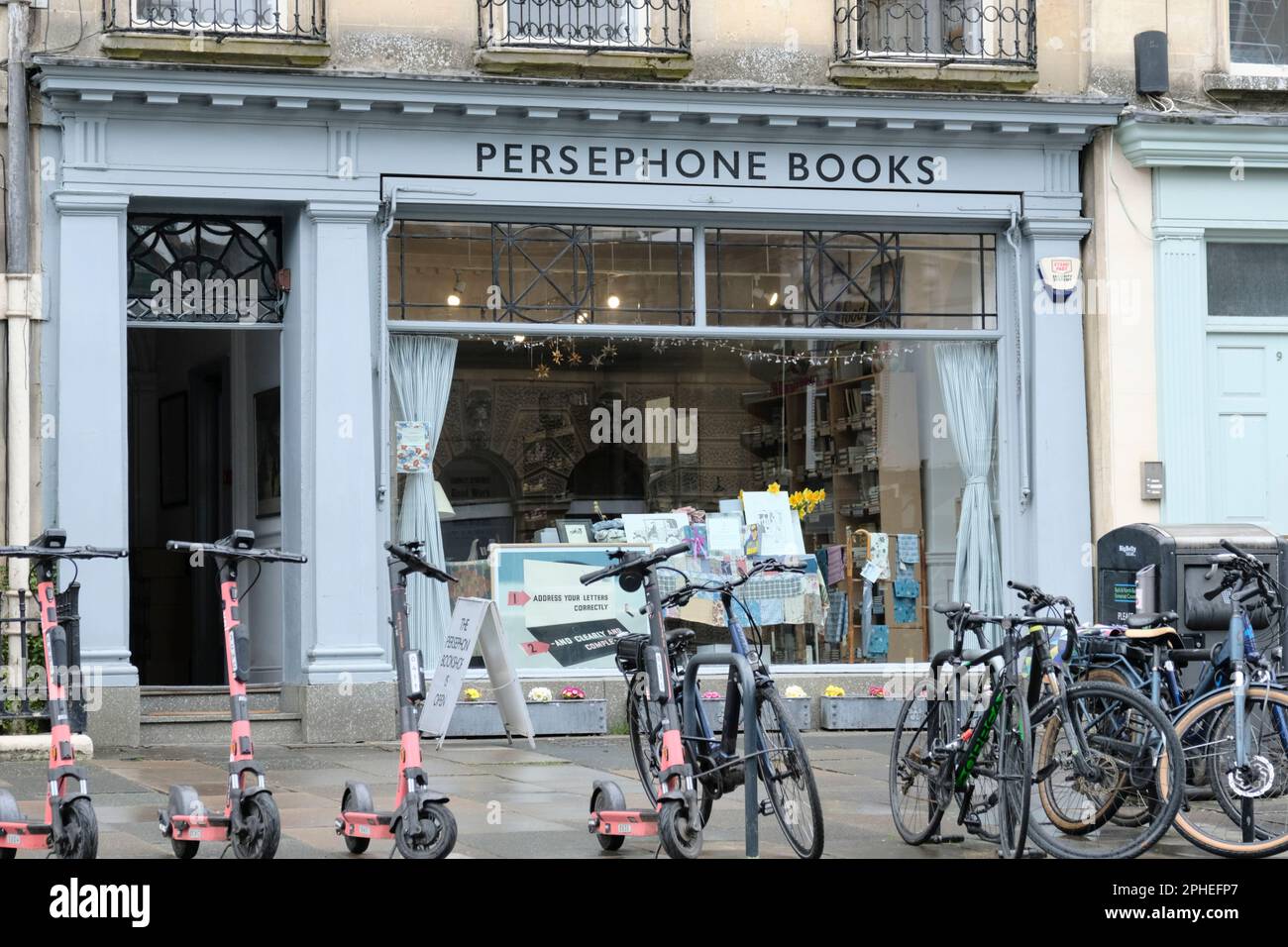 Views around Bath City Centre. Persephone Books and independent books shop. Stock Photo