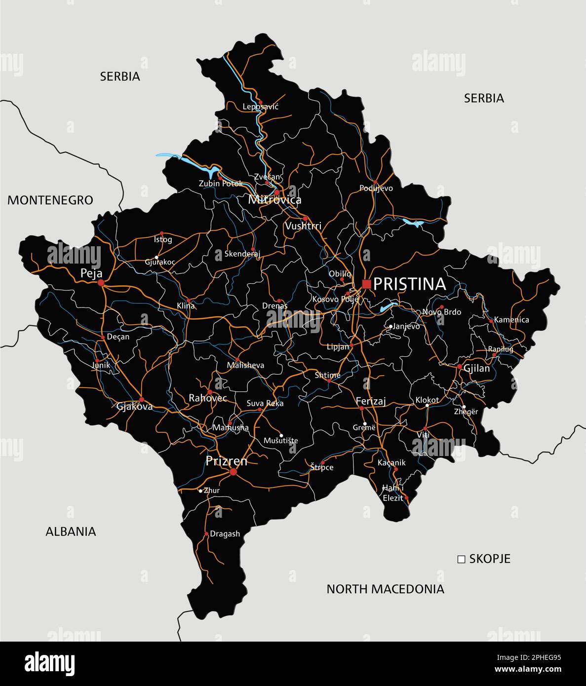 High detailed Kosovo road map with labeling. Stock Vector