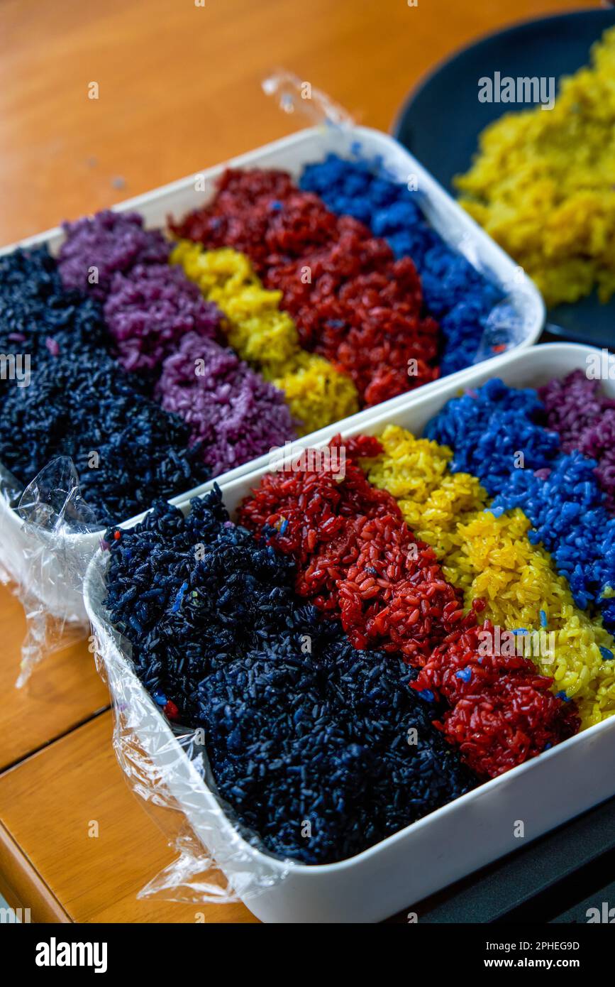 Traditional food of Chinese Tomb Sweeping Festival, five-color glutinous rice Stock Photo