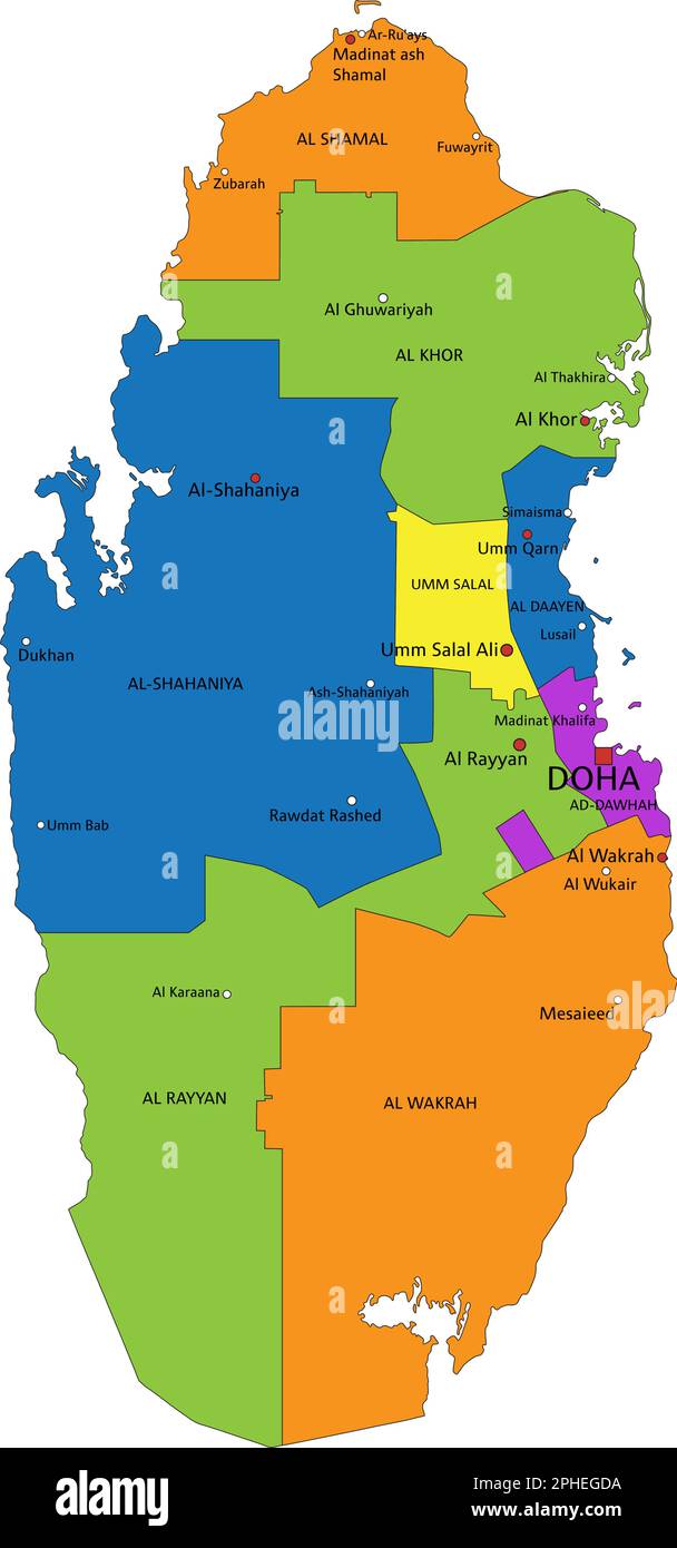 Colorful Qatar political map with clearly labeled, separated layers. Vector illustration. Stock Vector