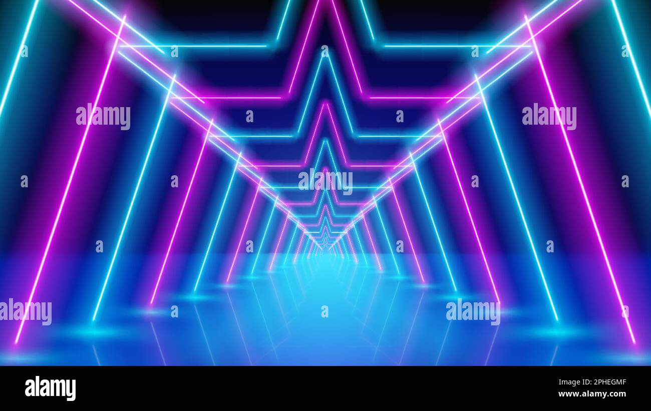 Glowing neon lines, star shaped led arcade, stage light, tunnel. Pink