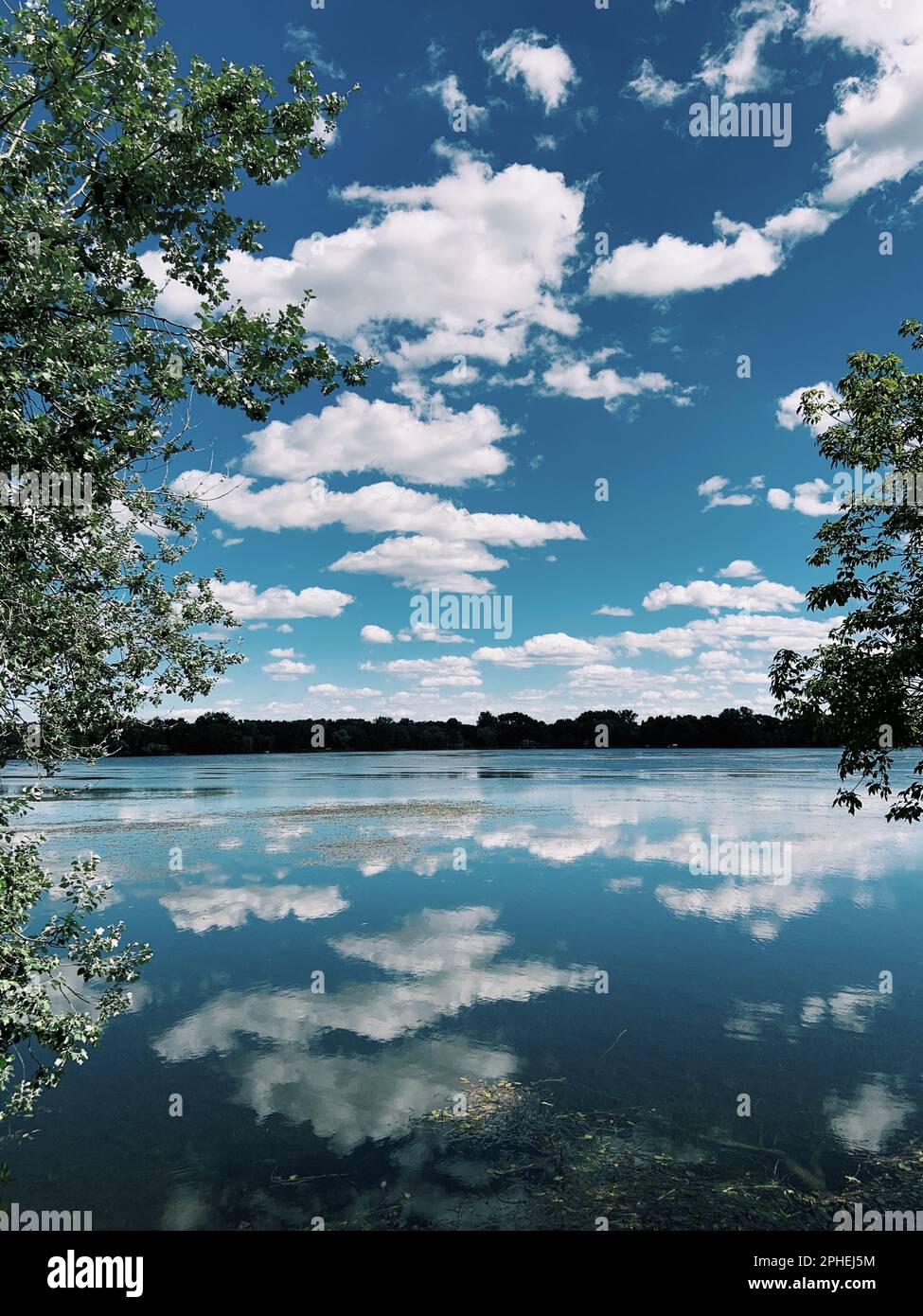 A tranquil scene of a blue sky with white, fluffy clouds mirrored in a ...