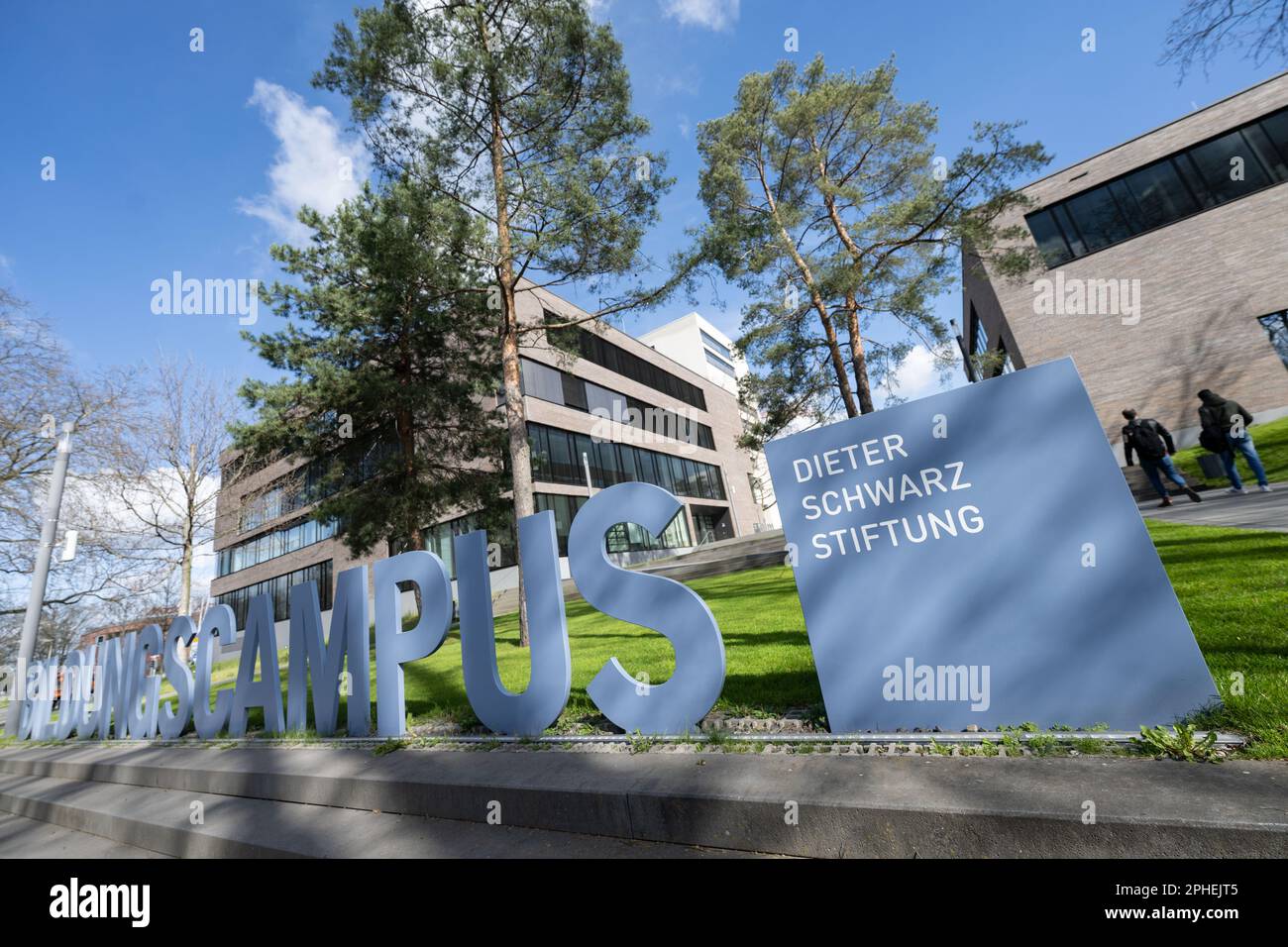 Heilbronn, Germany. 28th Mar, 2023. A lettering indicates the Heilbronn Education Campus. An educational campus, a programming school, several institutes - and soon a large research park for artificial intelligence (AI). Supported by the foundation of Lidl founder Dieter Schwarz, more and more research and educational institutions are springing up in the city of Heilbronn. Credit: Marijan Murat/dpa/Alamy Live News Stock Photo